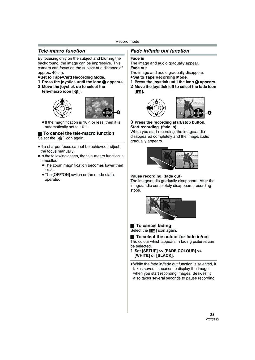 Panasonic NV-GS180GN Tele-macro function, Fade in/fade out function, To cancel the tele-macro function, To cancel fading 