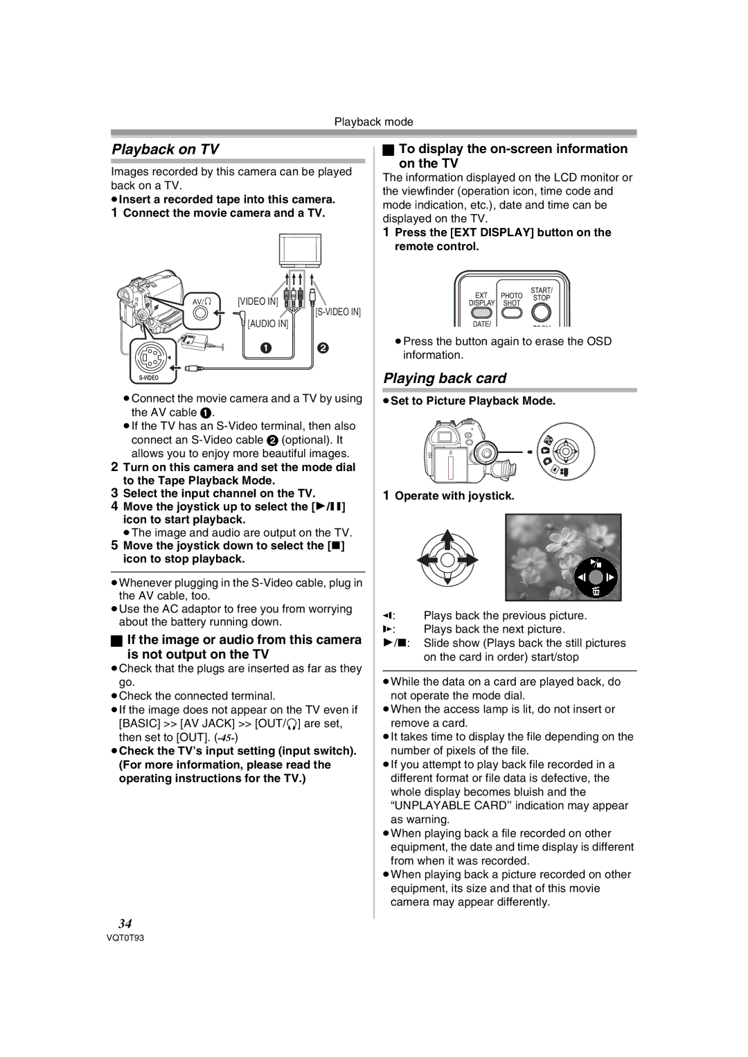 Panasonic NV-GS180GN Playback on TV, Playing back card, To display the on-screen information On the TV 