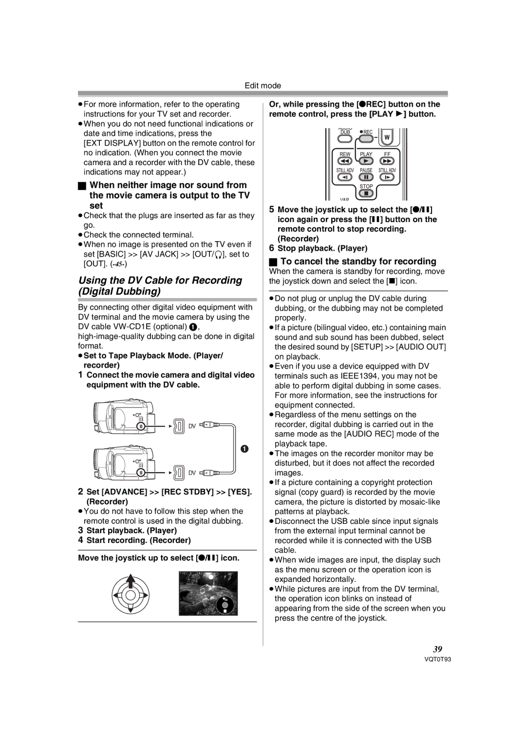 Panasonic NV-GS180GN Using the DV Cable for Recording Digital Dubbing, To cancel the standby for recording 