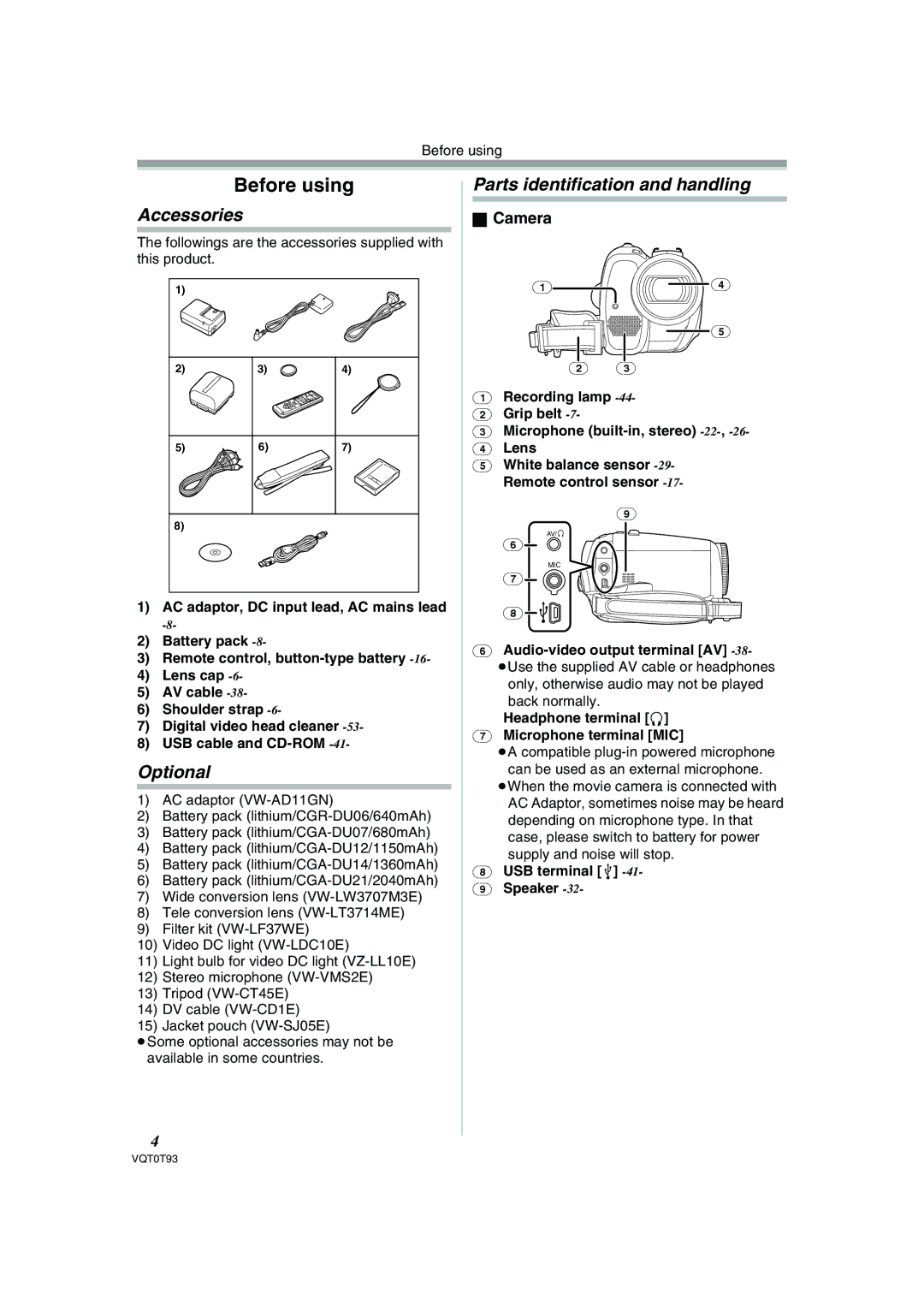 Panasonic NV-GS180GN operating instructions Before using, Accessories, Optional, Parts identification and handling, Camera 