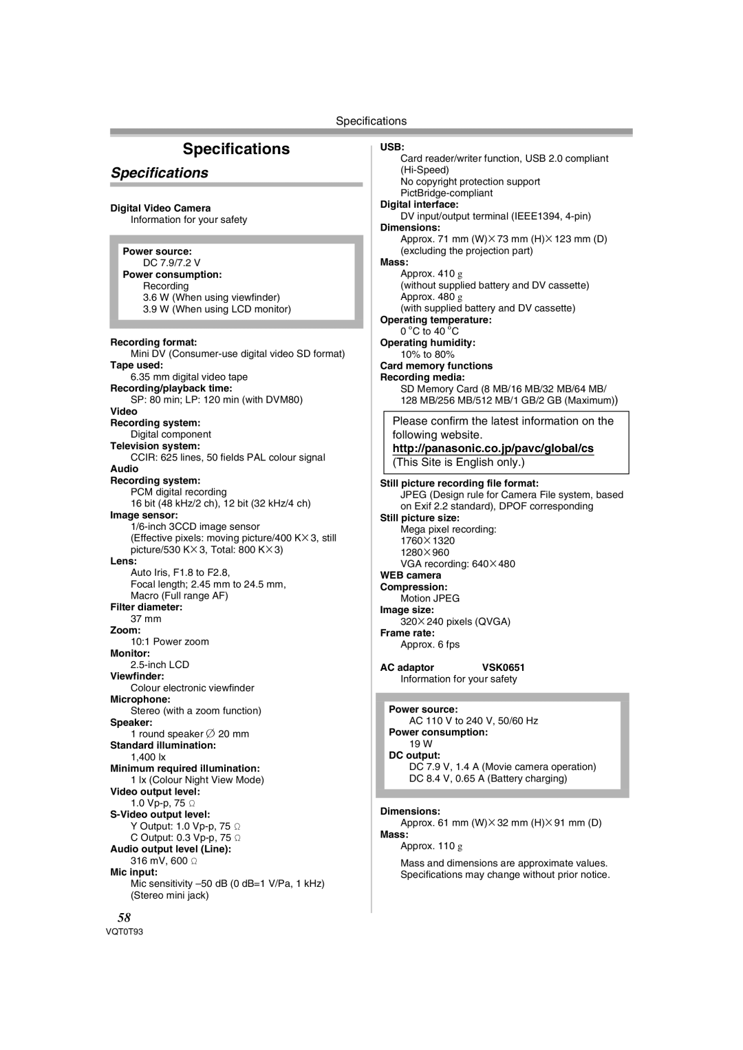 Panasonic NV-GS180GN operating instructions Specifications, Http//panasonic.co.jp/pavc/global/cs, This Site is English only 