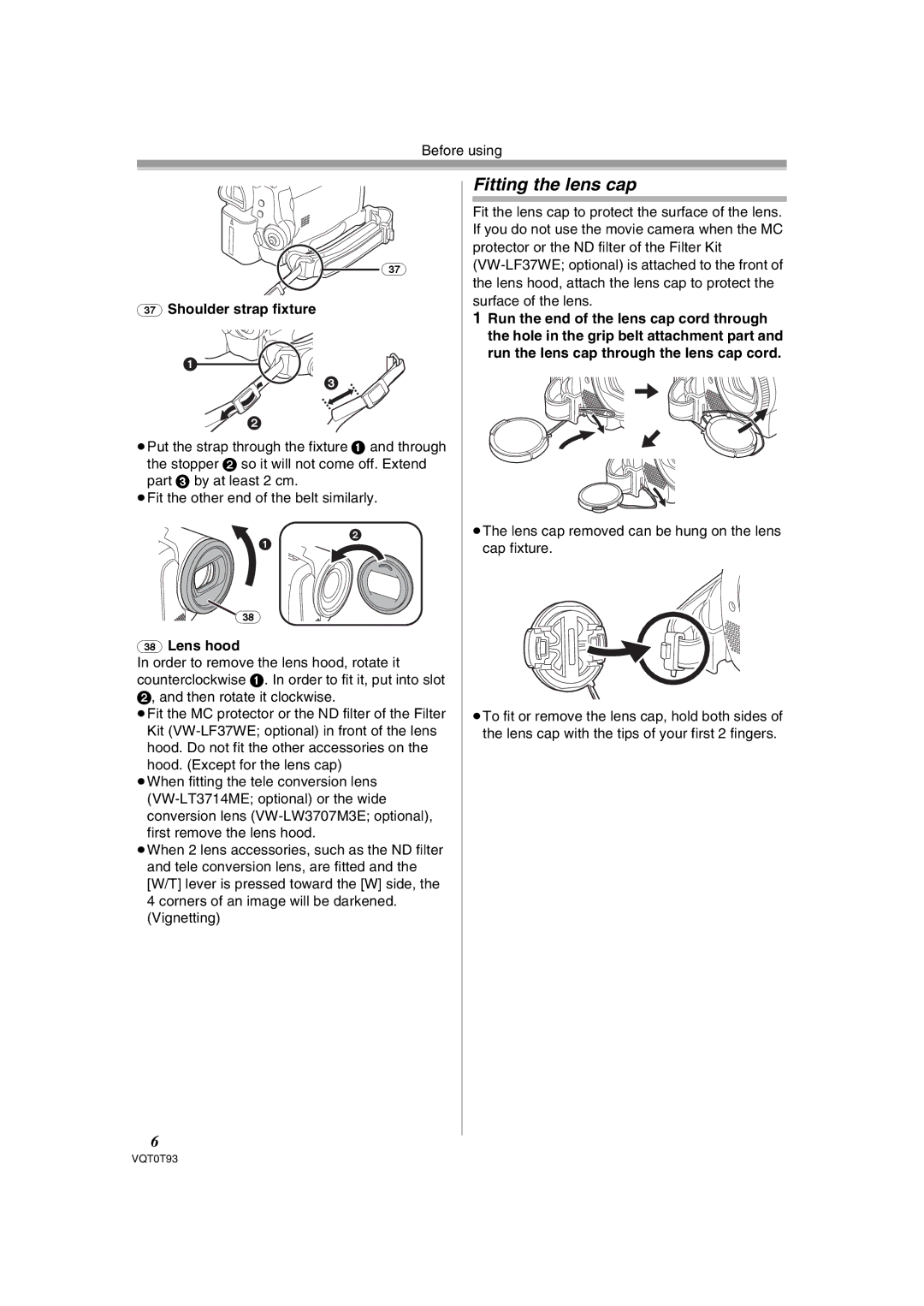 Panasonic NV-GS180GN operating instructions Fitting the lens cap, Shoulder strap fixture, Lens hood 