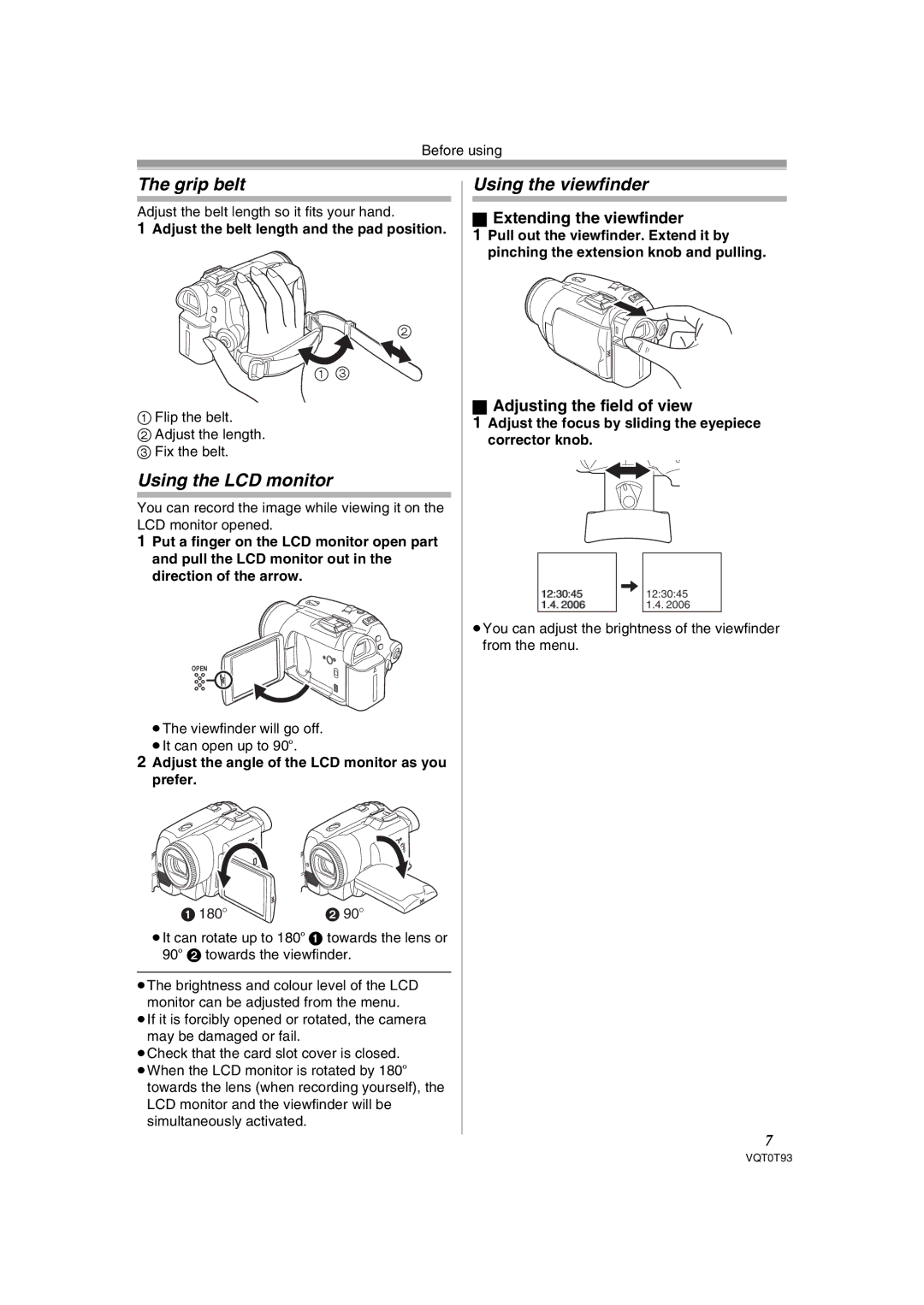 Panasonic NV-GS180GN Grip belt, Using the LCD monitor, Using the viewfinder, Extending the viewfinder 