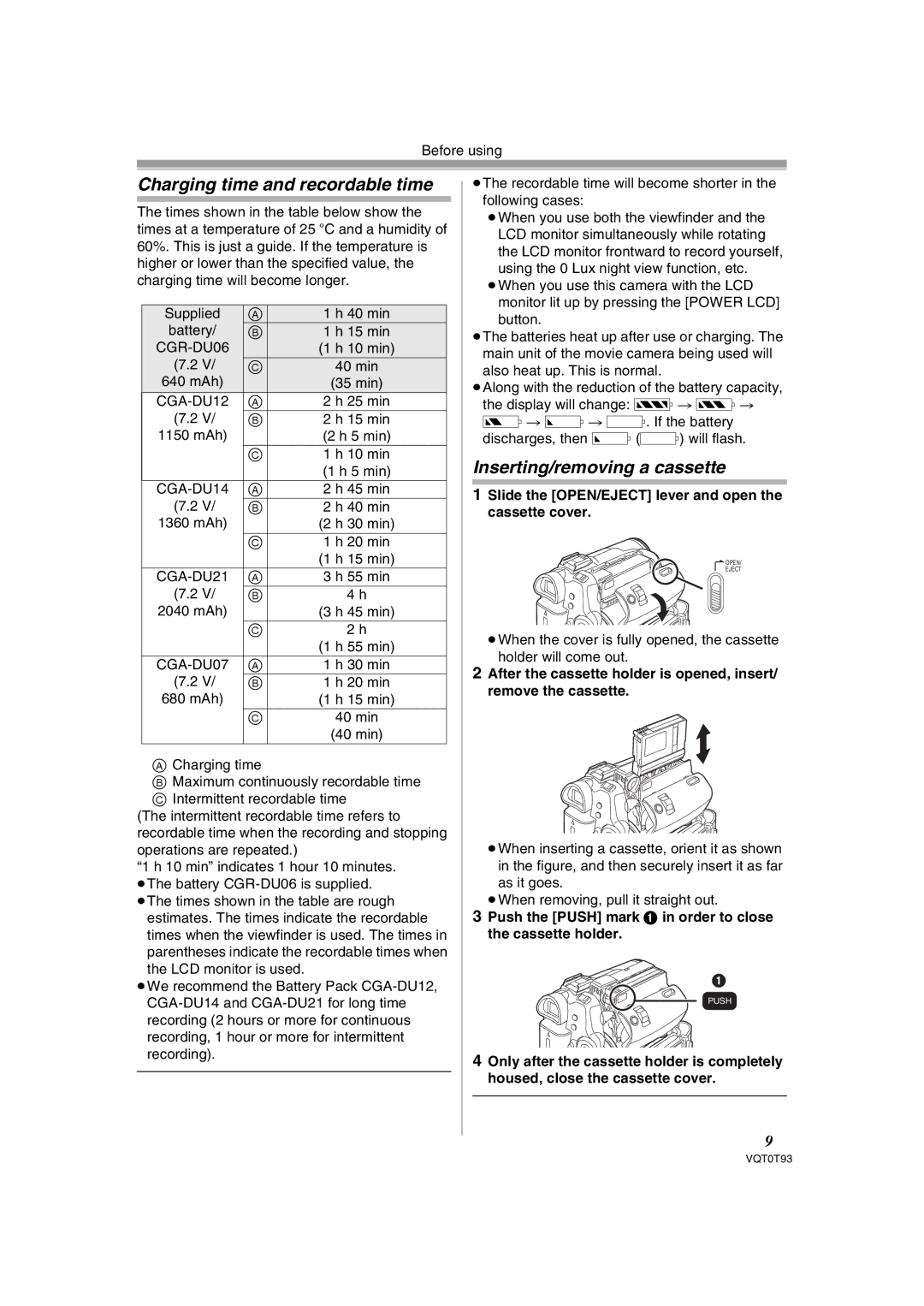 Panasonic NV-GS180GN operating instructions Charging time and recordable time, Inserting/removing a cassette 