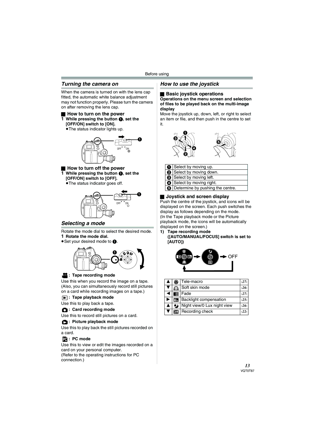 Panasonic NV-GS230EB operating instructions Turning the camera on, Selecting a mode, How to use the joystick 