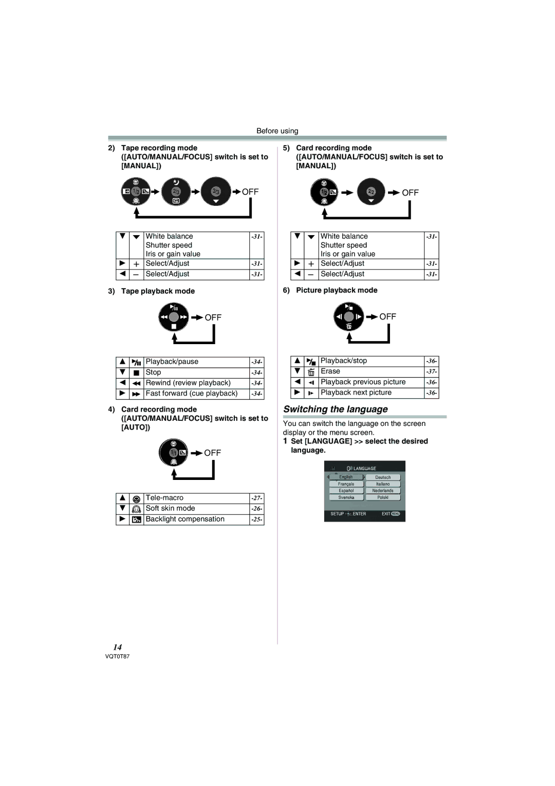 Panasonic NV-GS230EB Switching the language, Card recording mode AUTO/MANUAL/FOCUS switch is set to Auto 