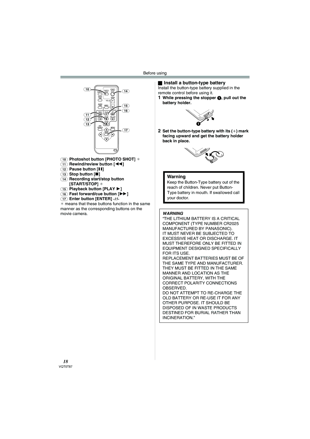 Panasonic NV-GS230EB operating instructions Install a button-type battery 