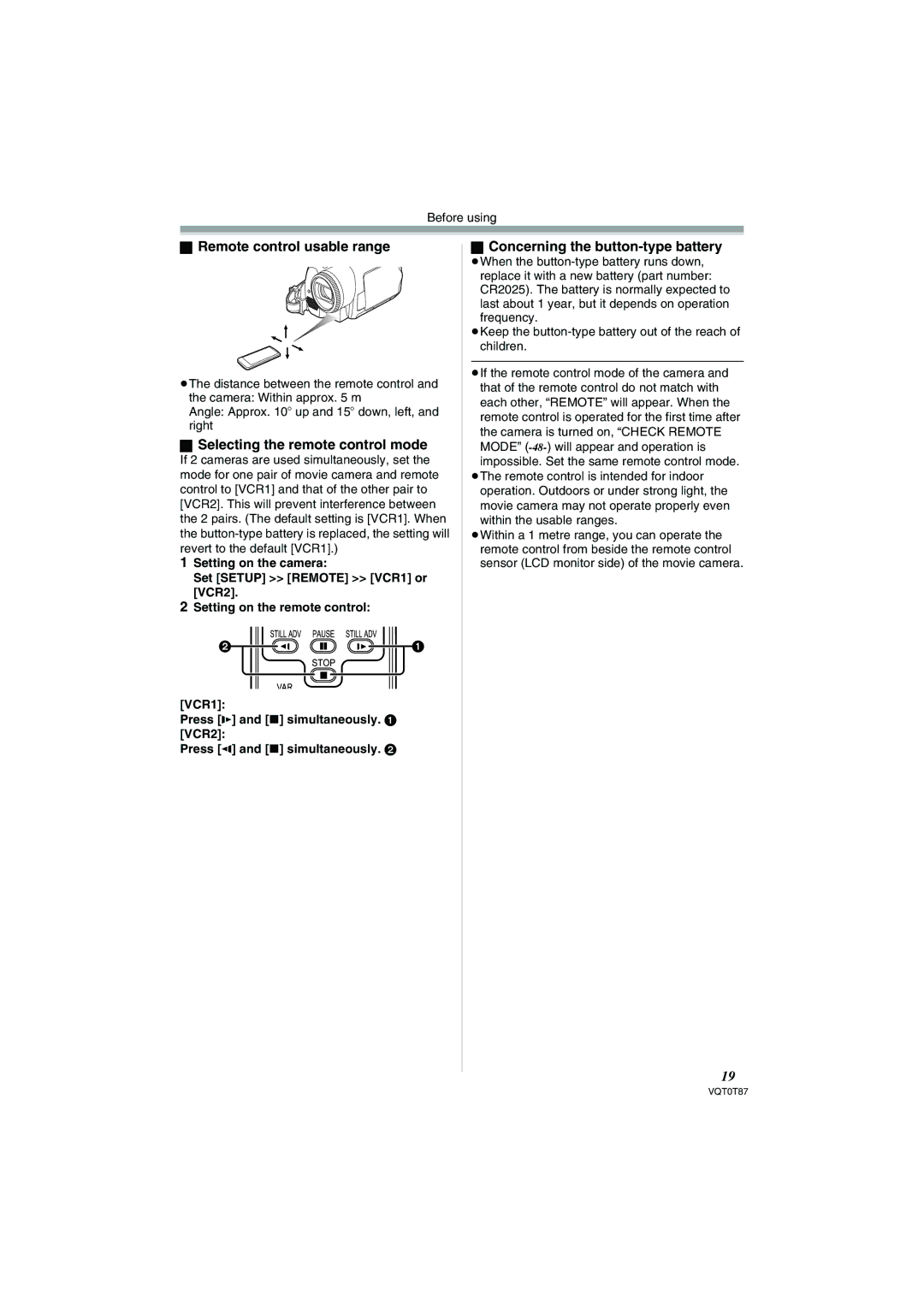 Panasonic NV-GS230EB operating instructions Remote control usable range, Selecting the remote control mode 