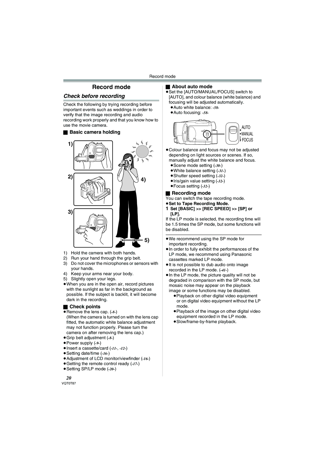 Panasonic NV-GS230EB Check before recording, Basic camera holding, Check points, About auto mode, Recording mode 