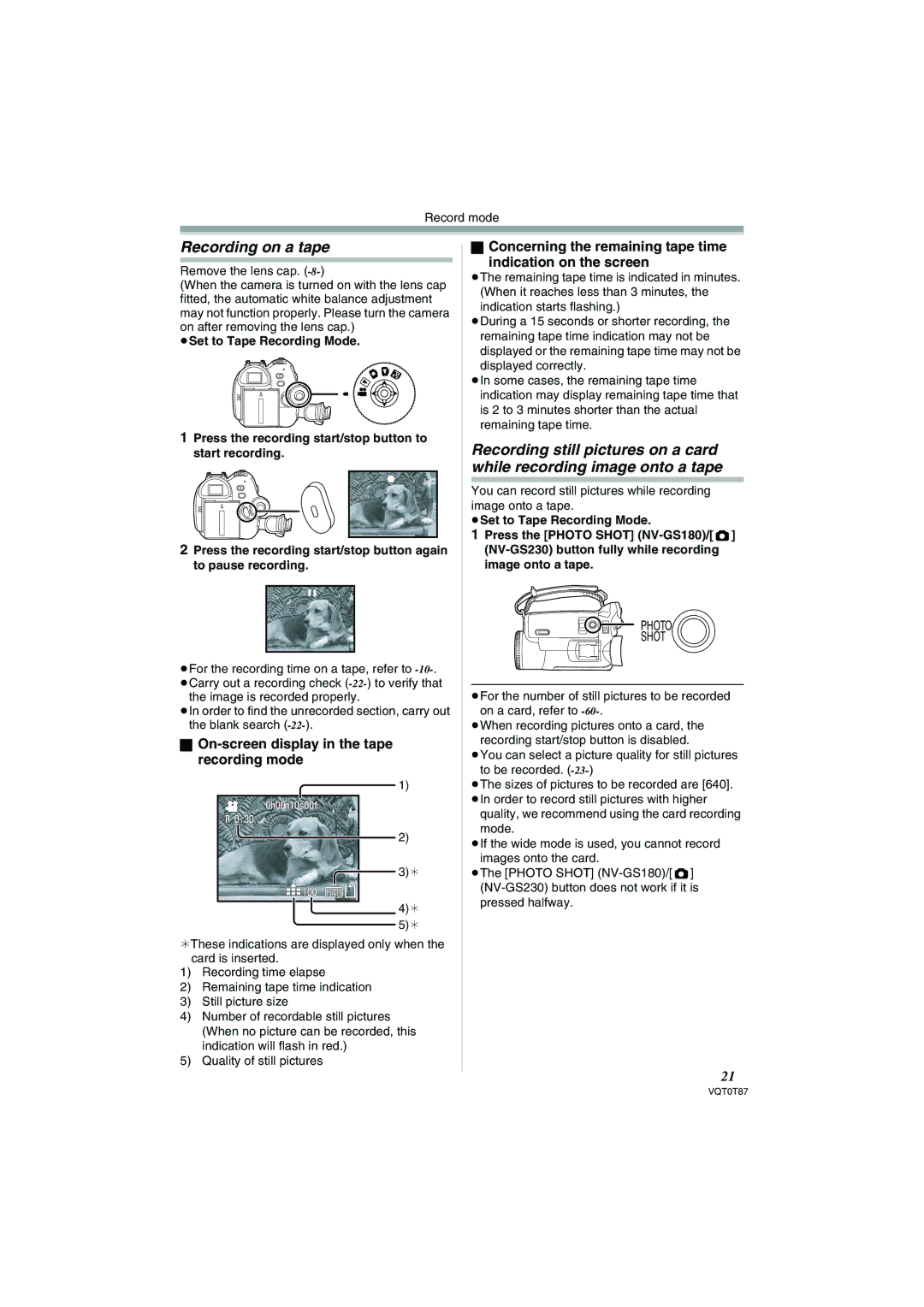 Panasonic NV-GS230EB Recording on a tape, On-screen display in the tape recording mode, Remove the lens cap 