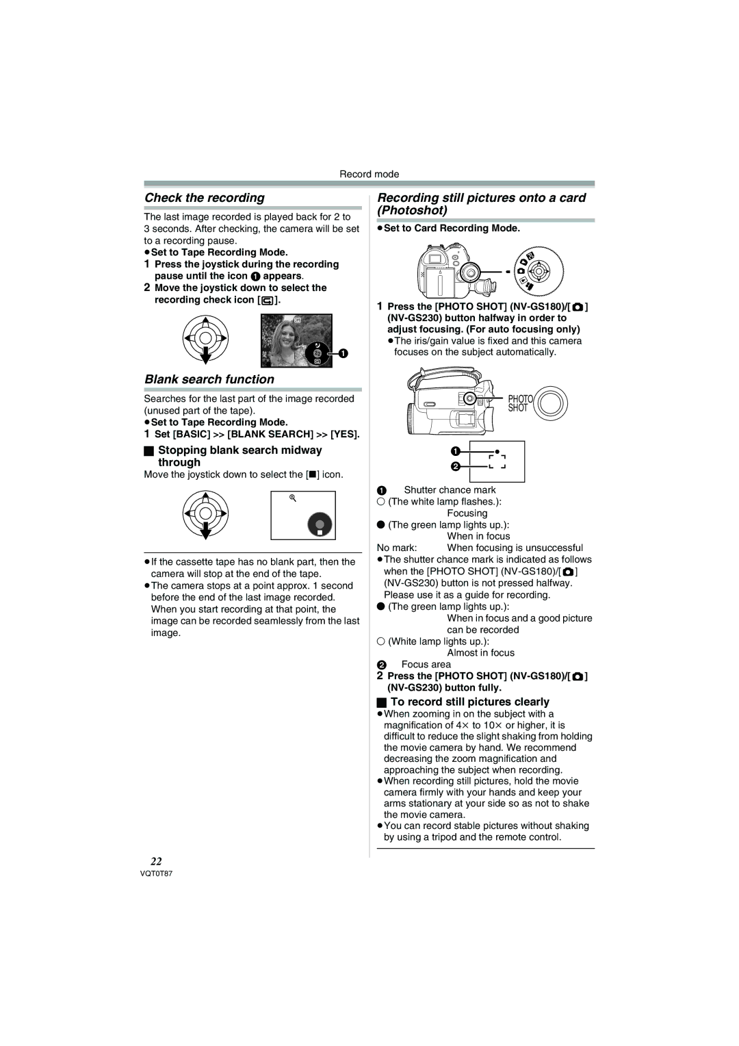 Panasonic NV-GS230EB Check the recording, Blank search function, Recording still pictures onto a card Photoshot 