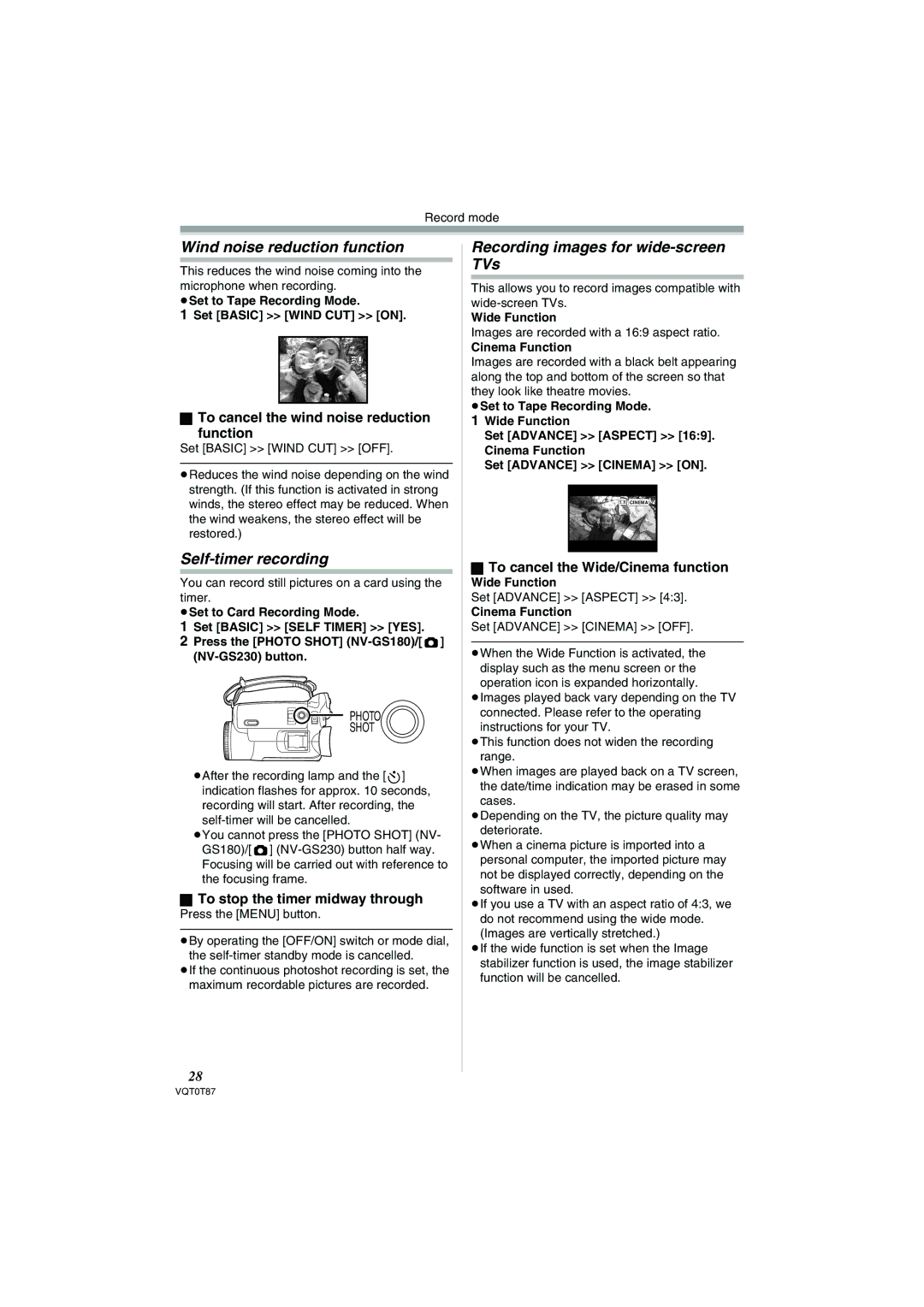 Panasonic NV-GS230EB Wind noise reduction function, Self-timer recording, Recording images for wide-screen TVs 