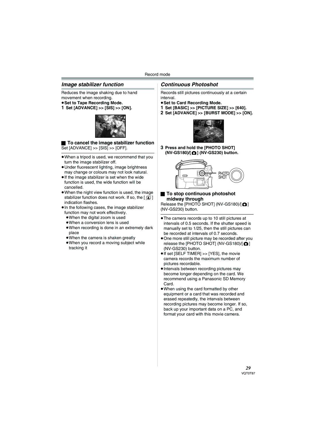 Panasonic NV-GS230EB Image stabilizer function, Continuous Photoshot, To cancel the image stabilizer function 