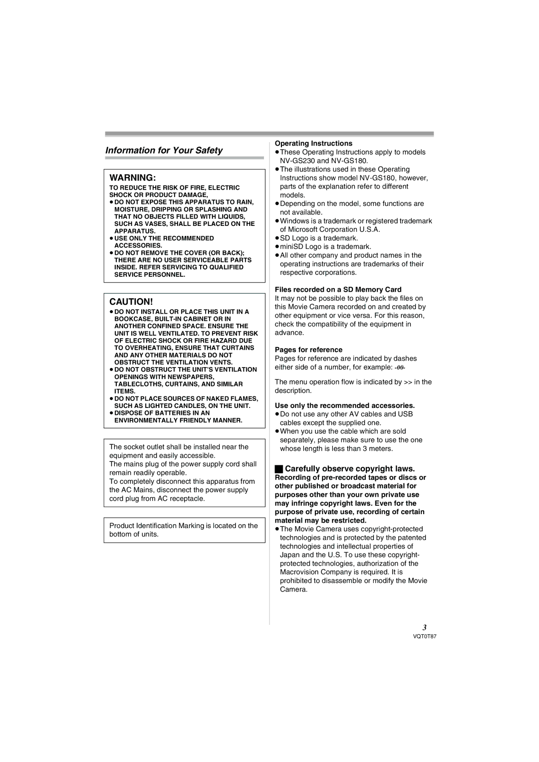 Panasonic NV-GS230EB operating instructions Information for Your Safety, Carefully observe copyright laws 