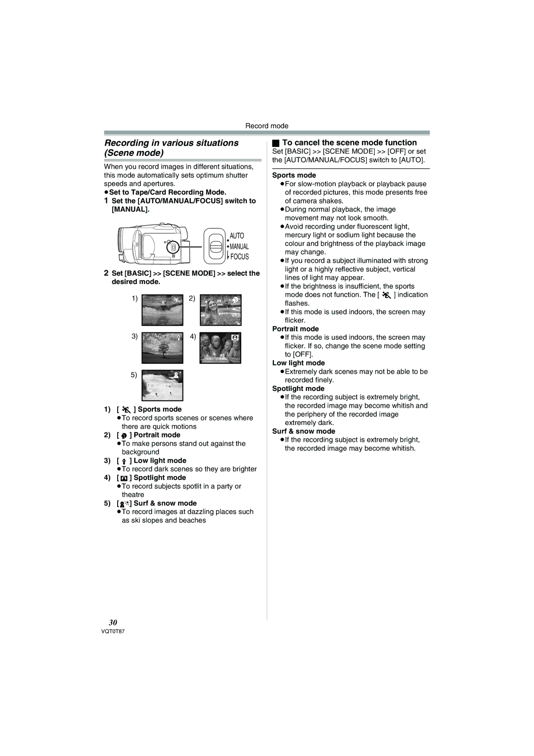 Panasonic NV-GS230EB operating instructions Recording in various situations Scene mode, To cancel the scene mode function 