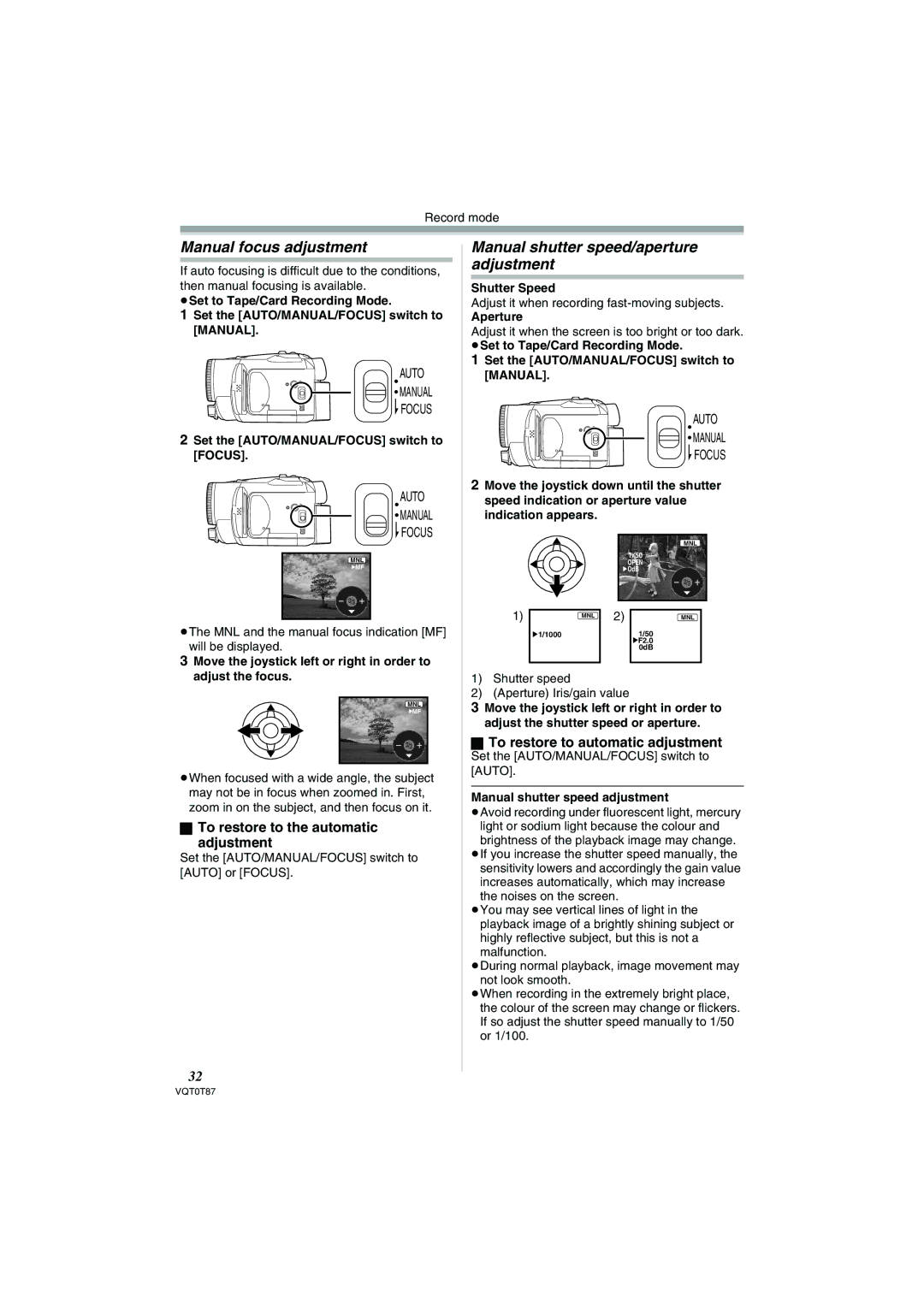 Panasonic NV-GS230EB Manual focus adjustment, Manual shutter speed/aperture adjustment, To restore to automatic adjustment 