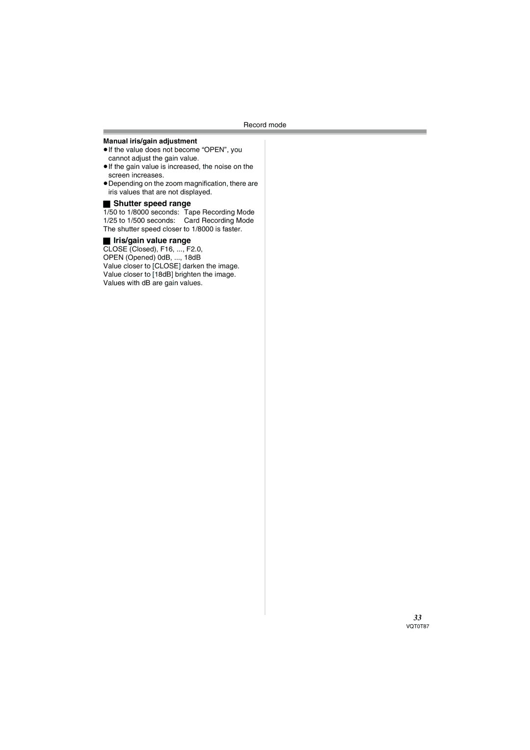 Panasonic NV-GS230EB operating instructions Shutter speed range, Iris/gain value range, Manual iris/gain adjustment 