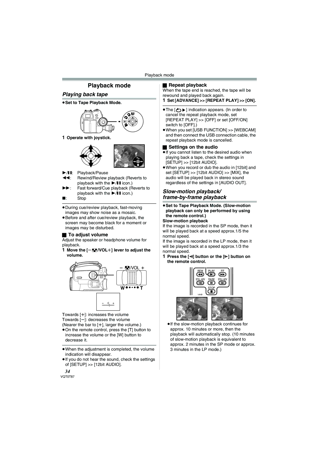 Panasonic NV-GS230EB Playing back tape, Slow-motion playback/ frame-by-frame playback, To adjust volume, Repeat playback 