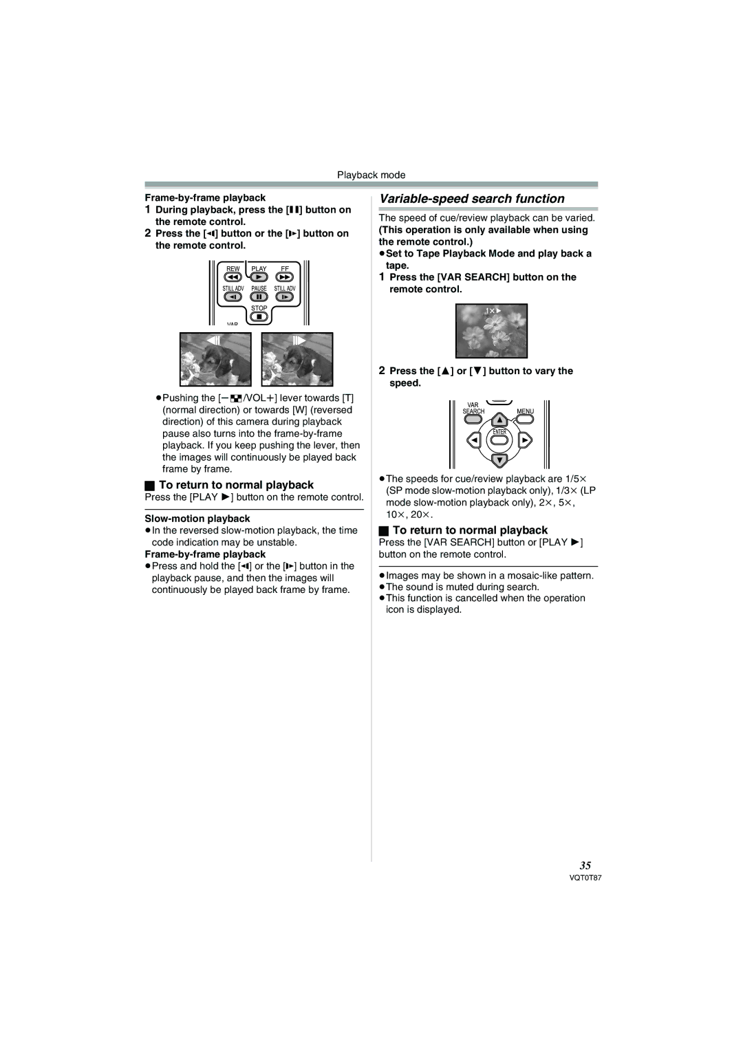 Panasonic NV-GS230EB Variable-speed search function, To return to normal playback, Frame-by-frame playback 