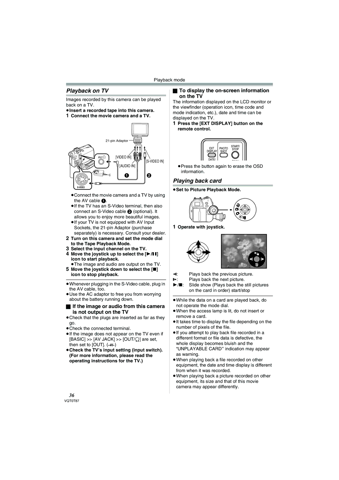 Panasonic NV-GS230EB Playback on TV, Playing back card, To display the on-screen information On the TV 