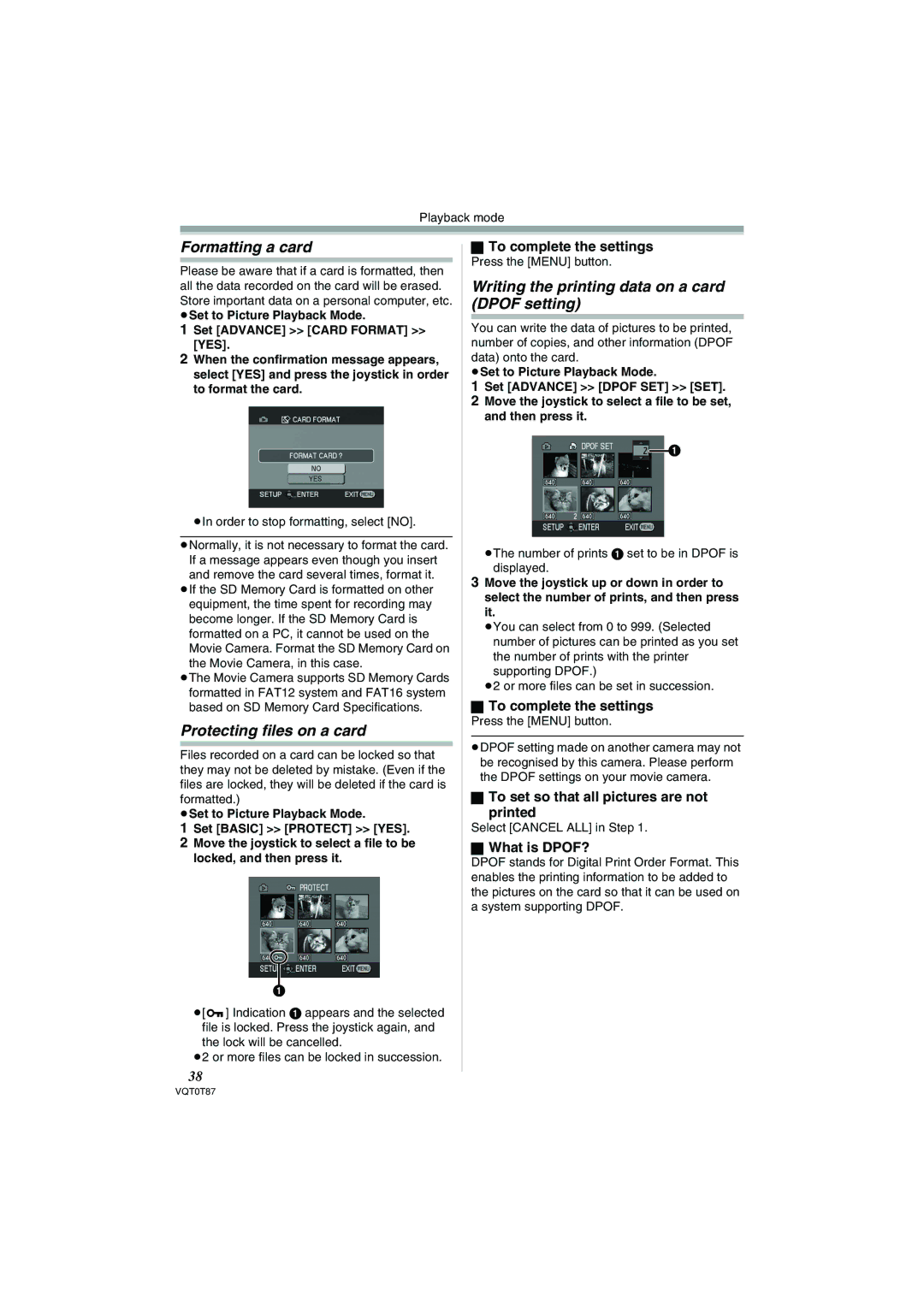 Panasonic NV-GS230EB Formatting a card, Protecting files on a card, Writing the printing data on a card Dpof setting 