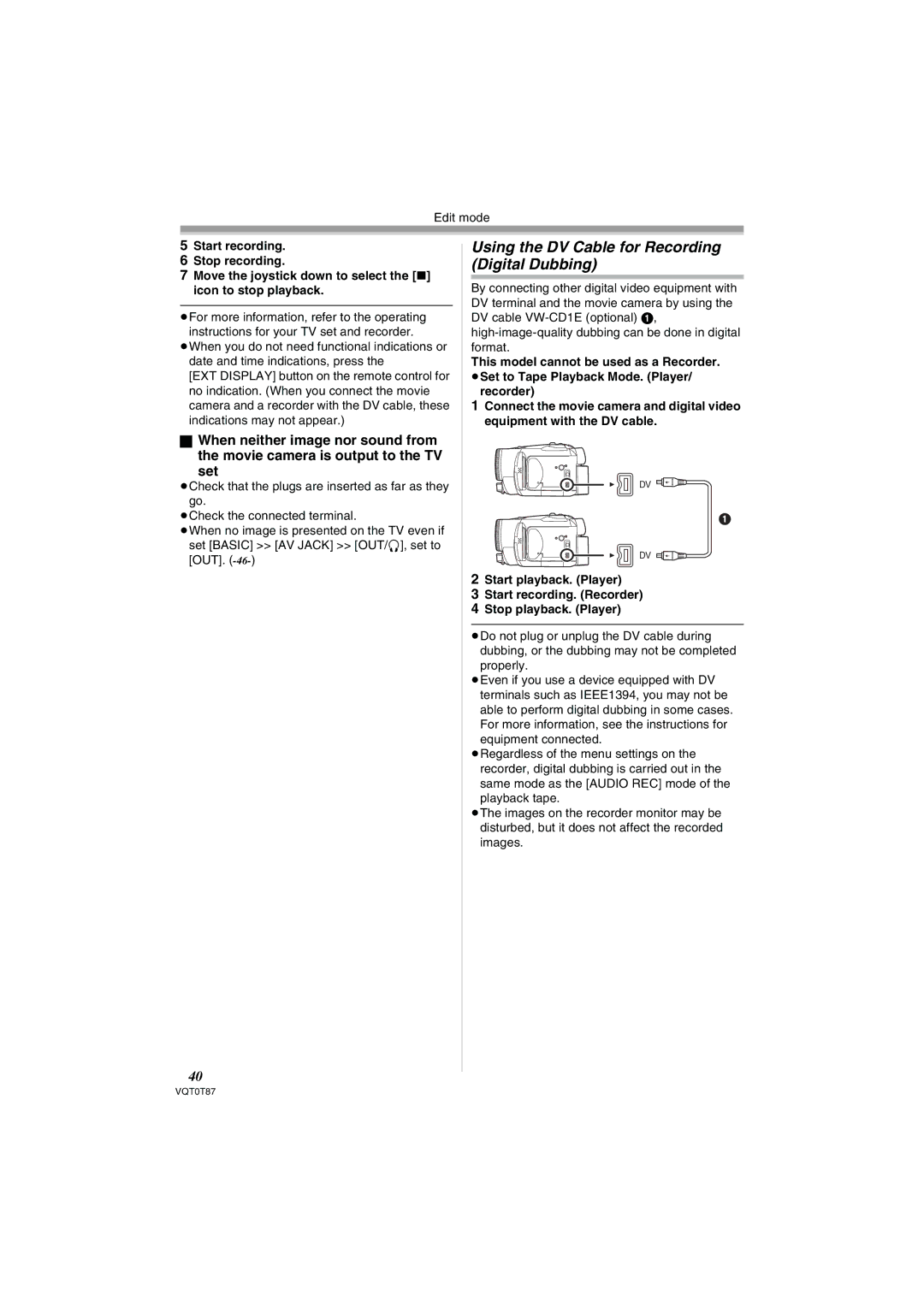 Panasonic NV-GS230EB operating instructions Using the DV Cable for Recording Digital Dubbing 