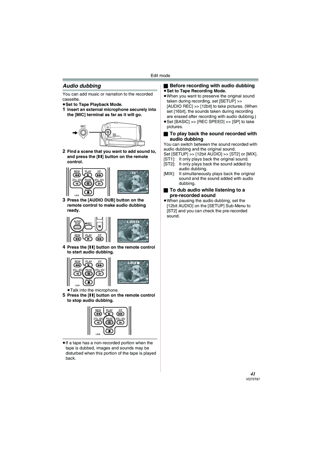 Panasonic NV-GS230EB To play back the sound recorded with Audio dubbing, $Set to Tape Playback Mode 