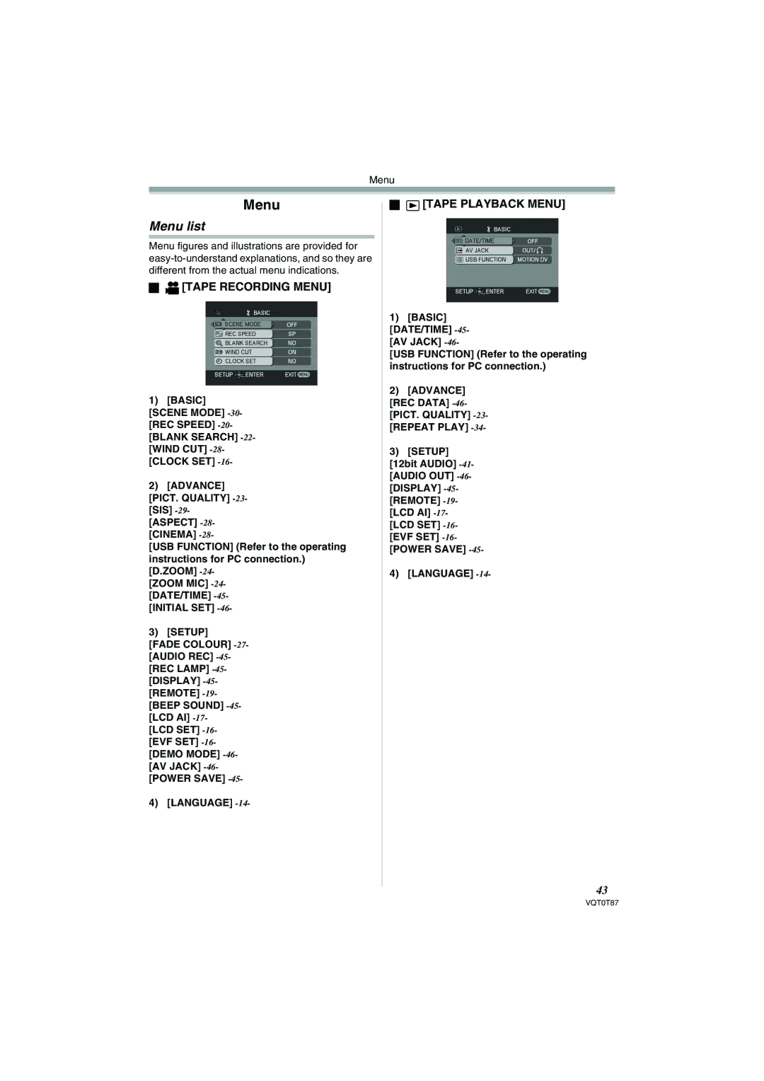 Panasonic NV-GS230EB operating instructions Menu list, Basic DATE/TIME -45-AV Jack 