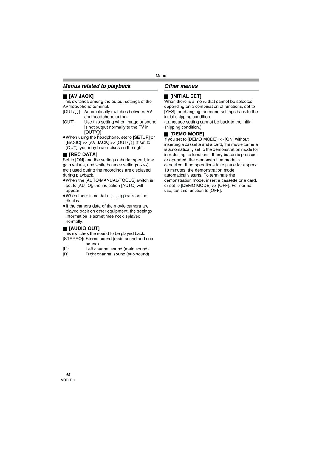 Panasonic NV-GS230EB operating instructions Menus related to playback, Other menus 