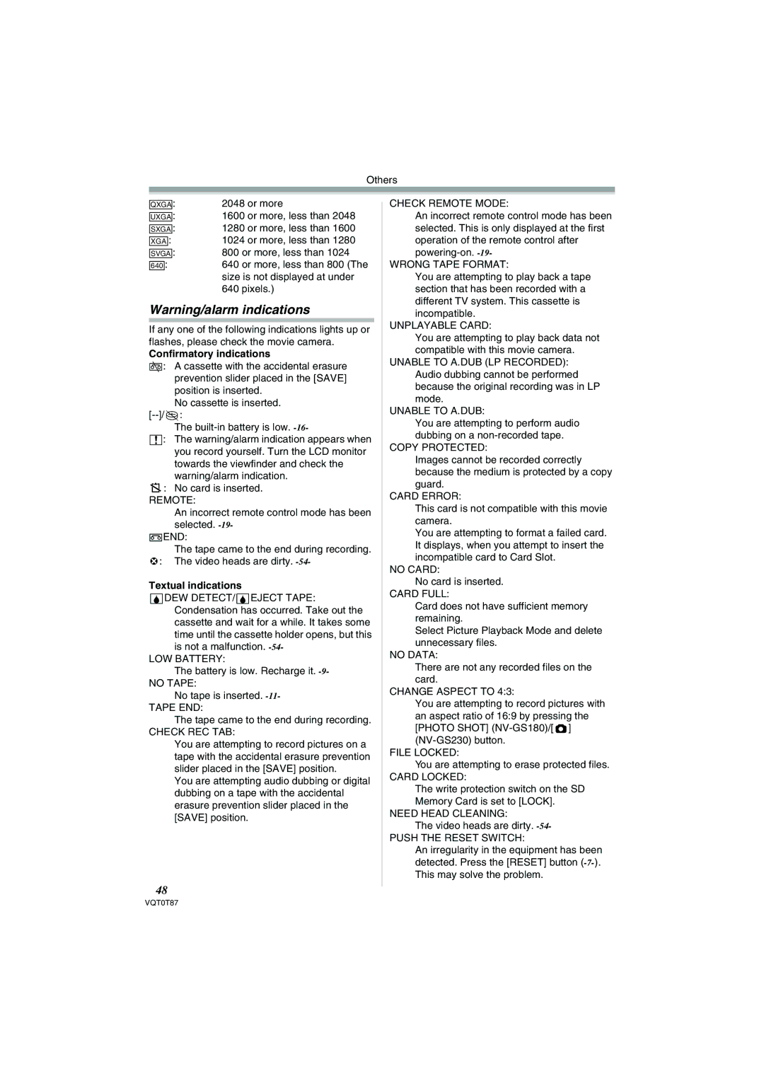 Panasonic NV-GS230EB operating instructions Confirmatory indications, Textual indications 