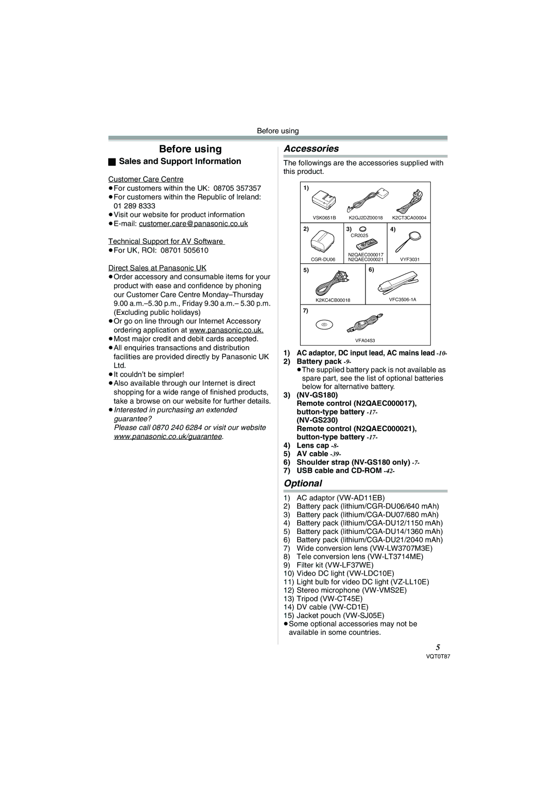 Panasonic NV-GS230EB operating instructions Accessories, Optional, Sales and Support Information 