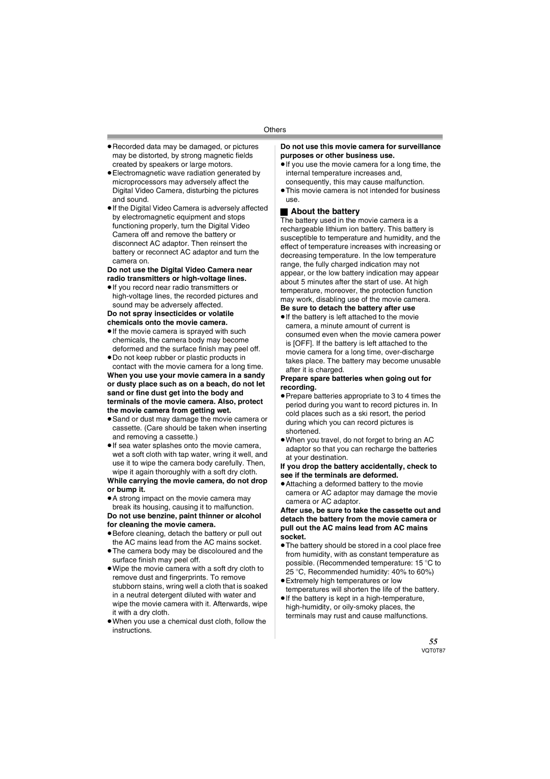 Panasonic NV-GS230EB operating instructions About the battery, While carrying the movie camera, do not drop or bump it 