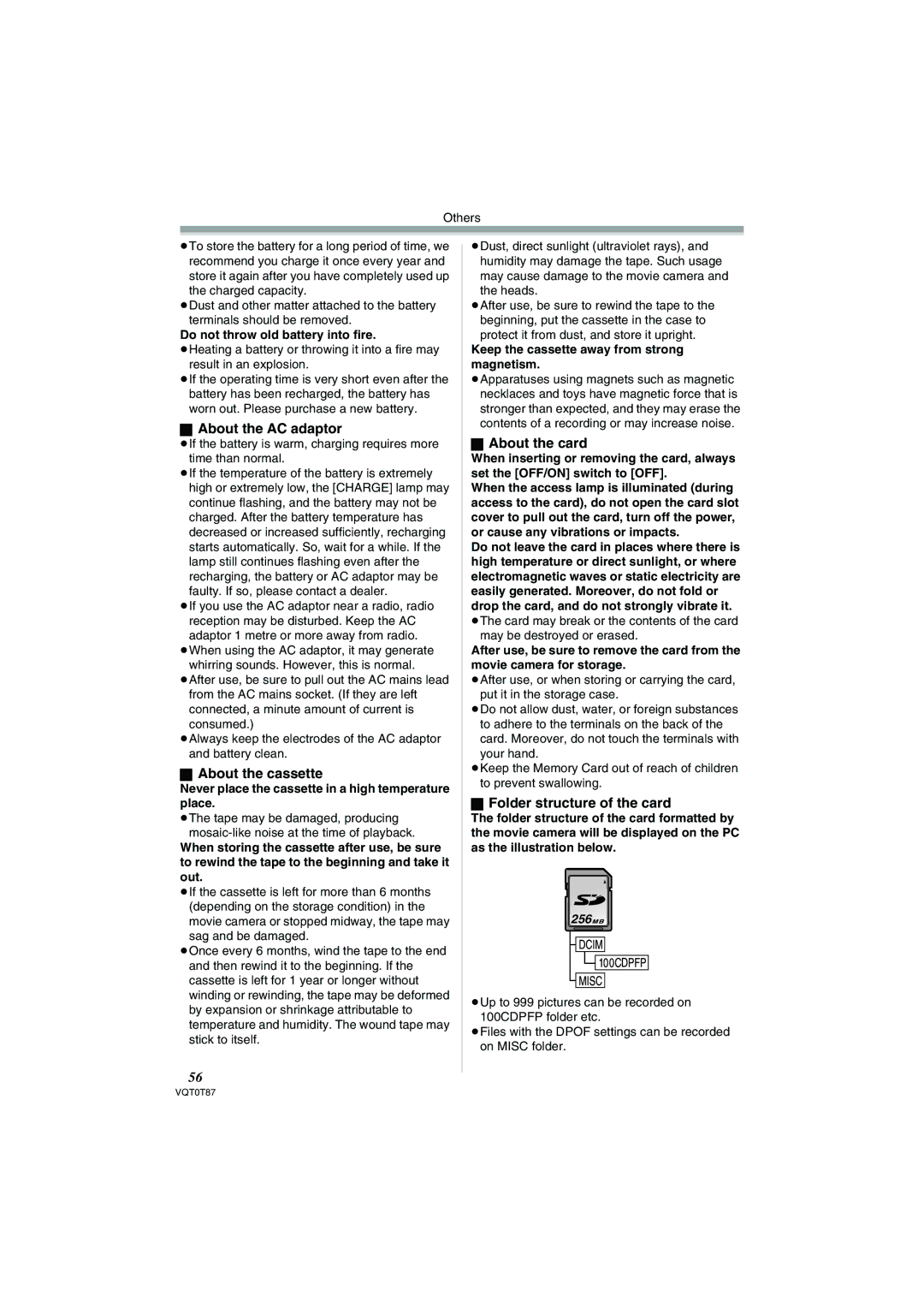 Panasonic NV-GS230EB About the AC adaptor, About the cassette, About the card, Folder structure of the card 