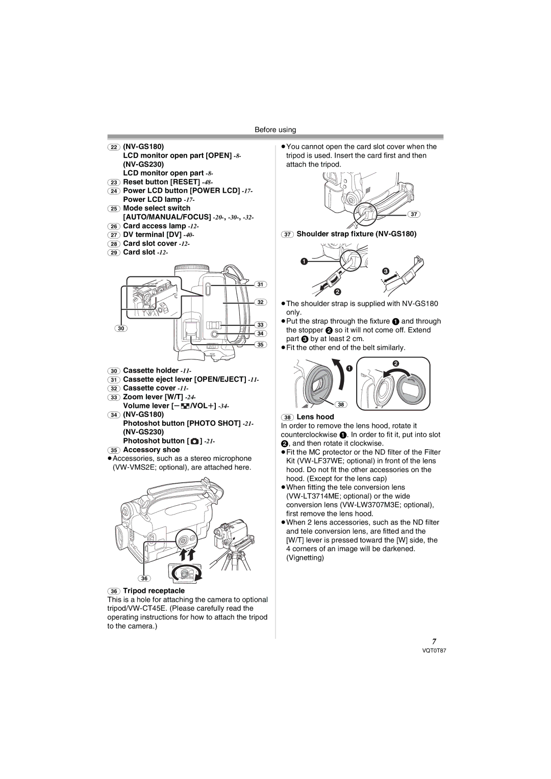 Panasonic NV-GS230EB Shoulder strap fixture NV-GS180, Cassette holder, Cassette cover, Zoom lever W/T, Volume lever /VOL 