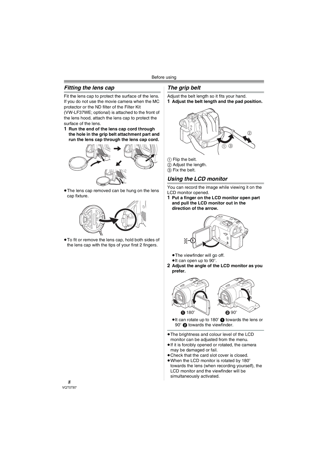 Panasonic NV-GS230EB Fitting the lens cap, Grip belt, Using the LCD monitor, Adjust the belt length and the pad position 