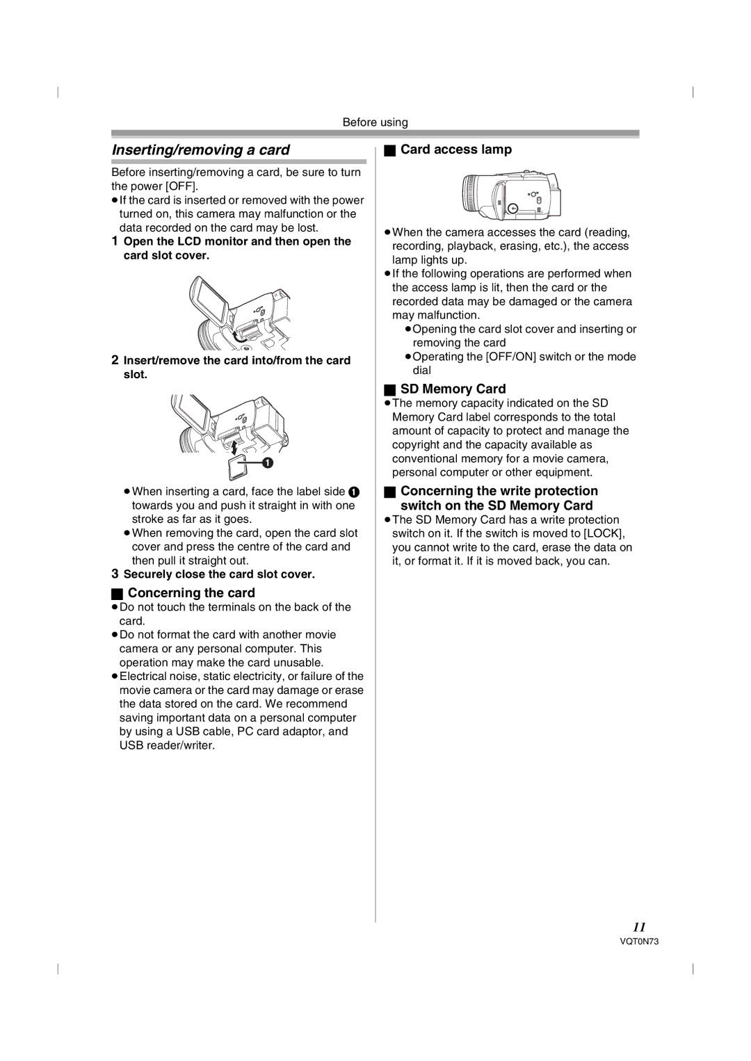 Panasonic NV-GS250GN Inserting/removing a card, Concerning the card, Card access lamp, SD Memory Card 