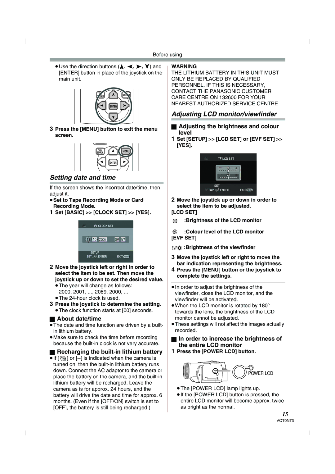 Panasonic NV-GS250GN operating instructions Setting date and time, Adjusting LCD monitor/viewfinder 