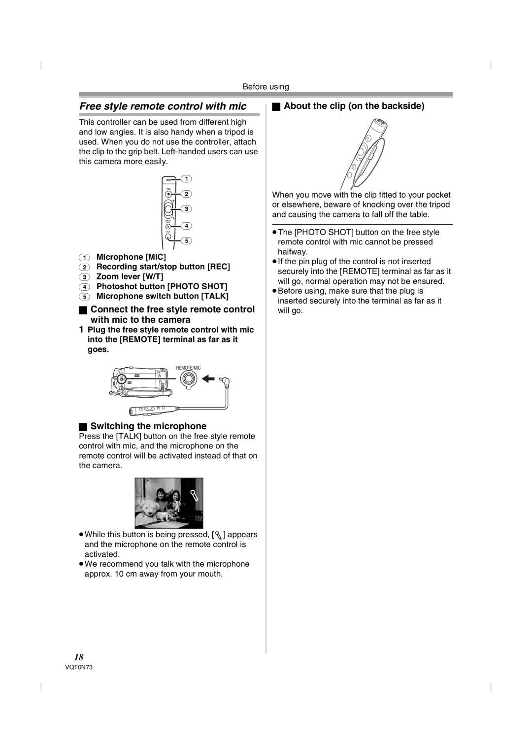 Panasonic NV-GS250GN Free style remote control with mic, Switching the microphone, About the clip on the backside 