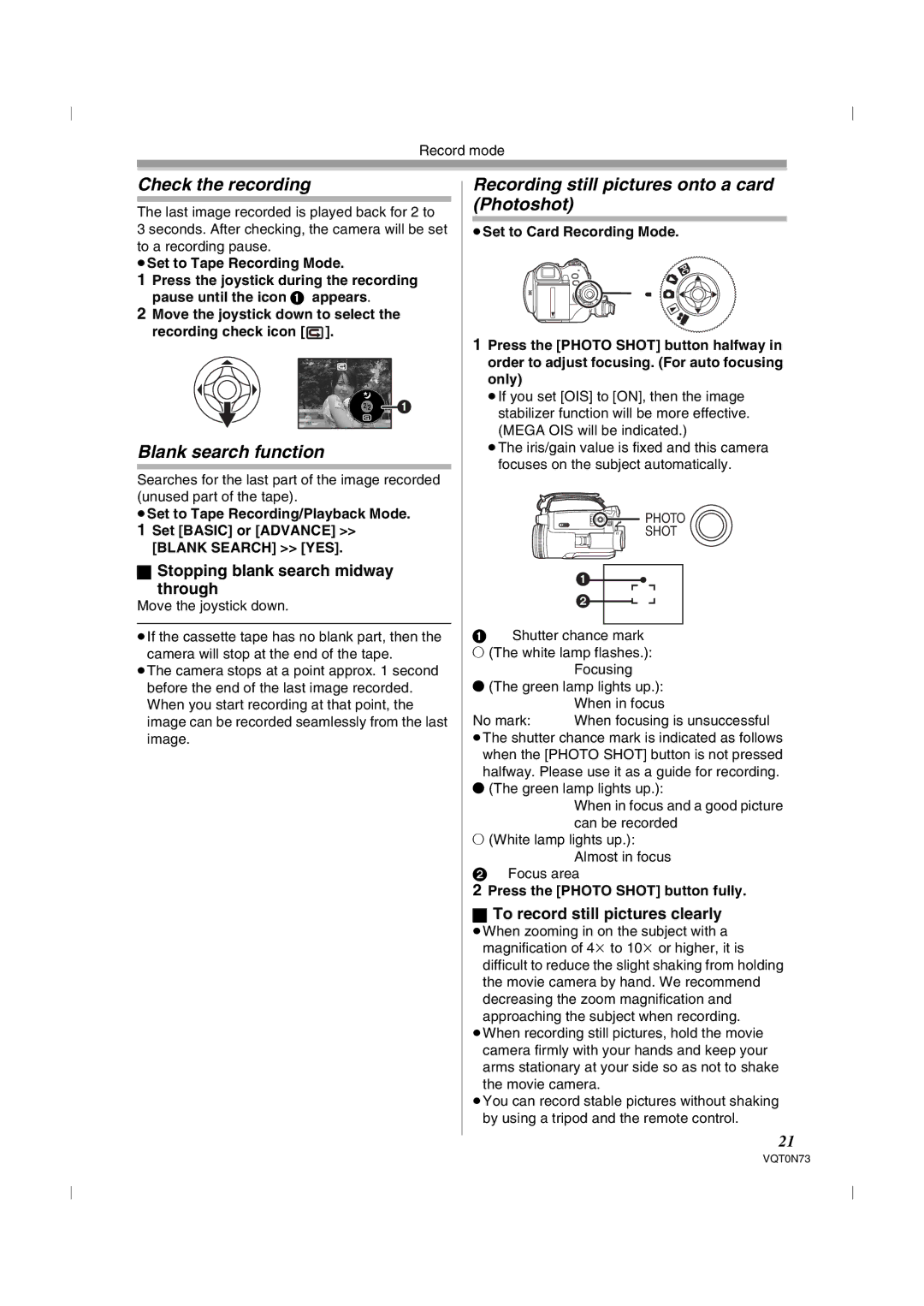 Panasonic NV-GS250GN Check the recording, Blank search function, Recording still pictures onto a card Photoshot 