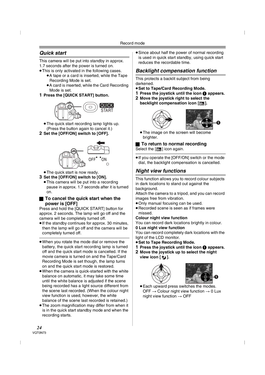 Panasonic NV-GS250GN Quick start, Backlight compensation function, Night view functions, To return to normal recording 