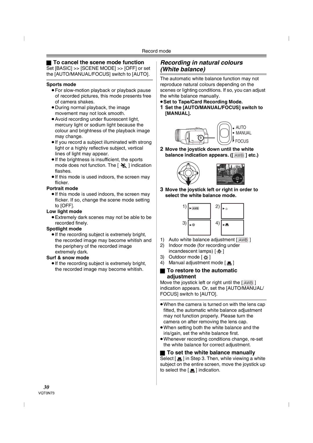 Panasonic NV-GS250GN operating instructions Recording in natural colours White balance, To cancel the scene mode function 