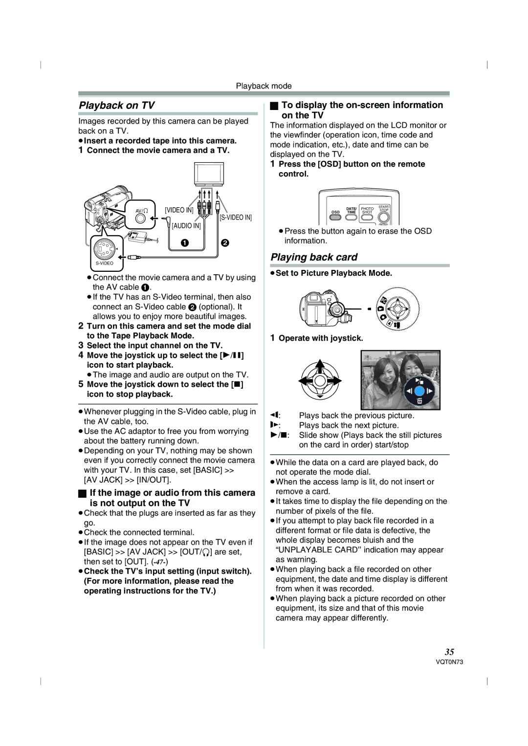 Panasonic NV-GS250GN Playback on TV, Playing back card, To display the on-screen information On the TV 