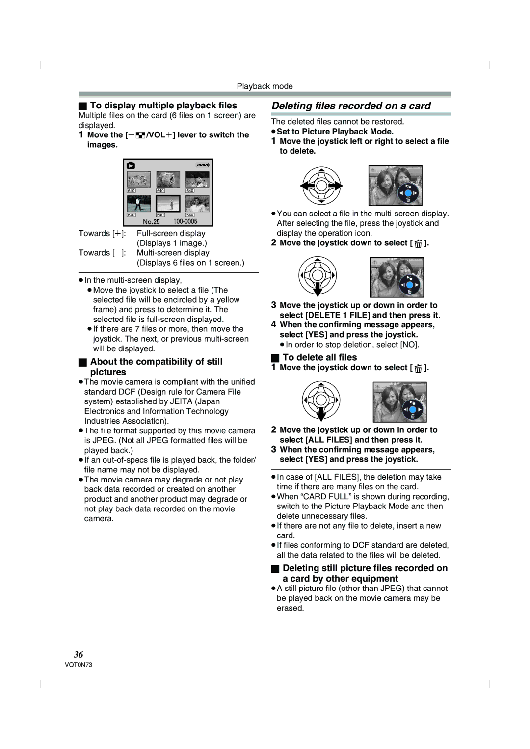 Panasonic NV-GS250GN Deleting files recorded on a card, To display multiple playback files, To delete all files 