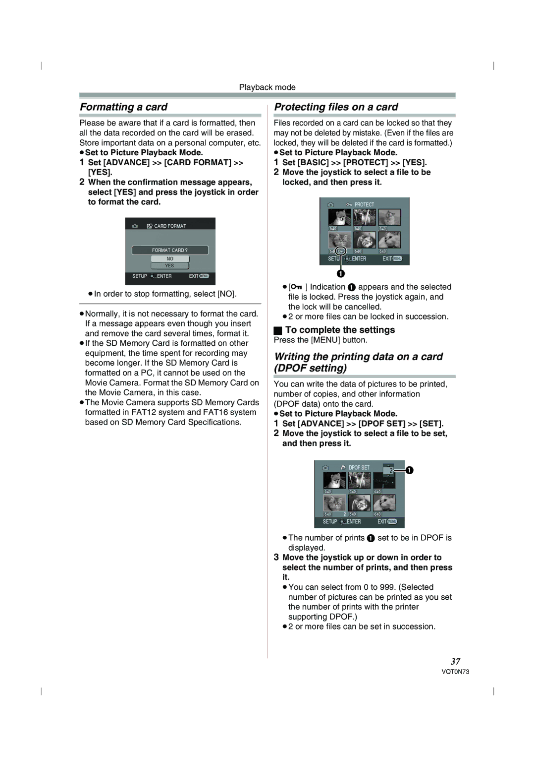 Panasonic NV-GS250GN Formatting a card, Protecting files on a card, Writing the printing data on a card Dpof setting 