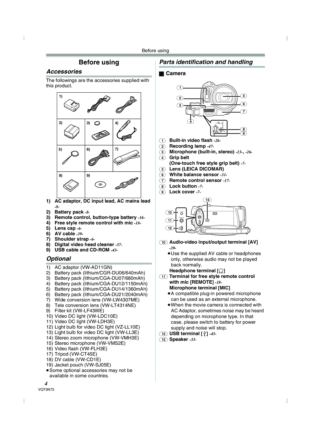 Panasonic NV-GS250GN operating instructions Accessories, Optional, Parts identification and handling, Camera 