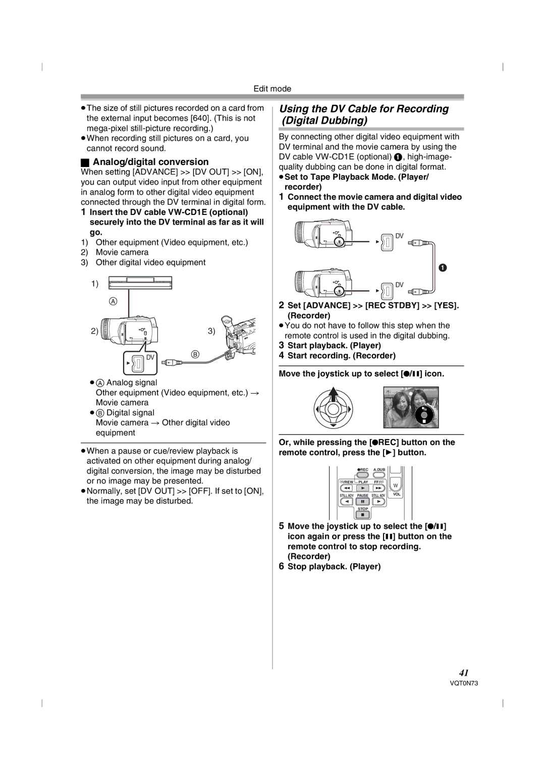 Panasonic NV-GS250GN operating instructions Using the DV Cable for Recording Digital Dubbing, Analog/digital conversion 