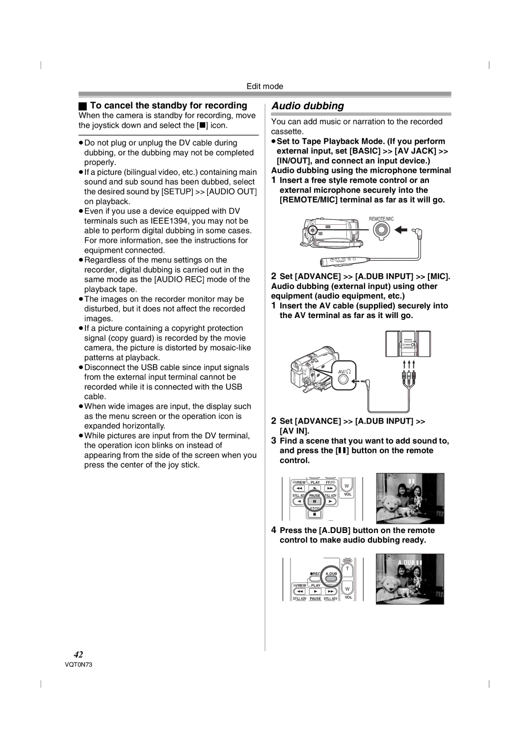 Panasonic NV-GS250GN To cancel the standby for recording, Audio dubbing using the microphone terminal 