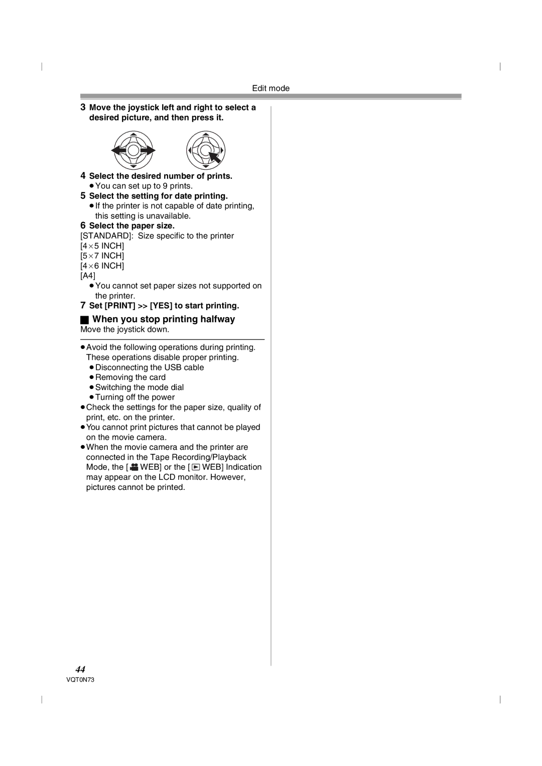 Panasonic NV-GS250GN When you stop printing halfway, Select the desired number of prints, Select the paper size 