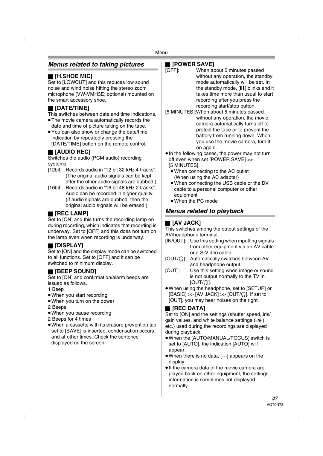 Panasonic NV-GS250GN operating instructions Menus related to taking pictures, Menus related to playback 