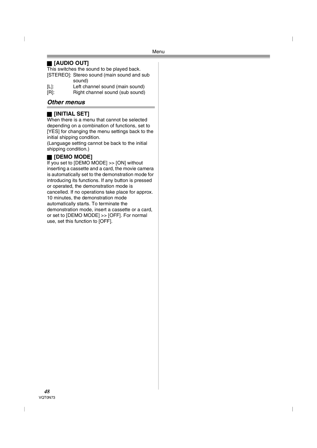 Panasonic NV-GS250GN operating instructions Other menus, Audio OUT, Initial SET, Demo Mode 